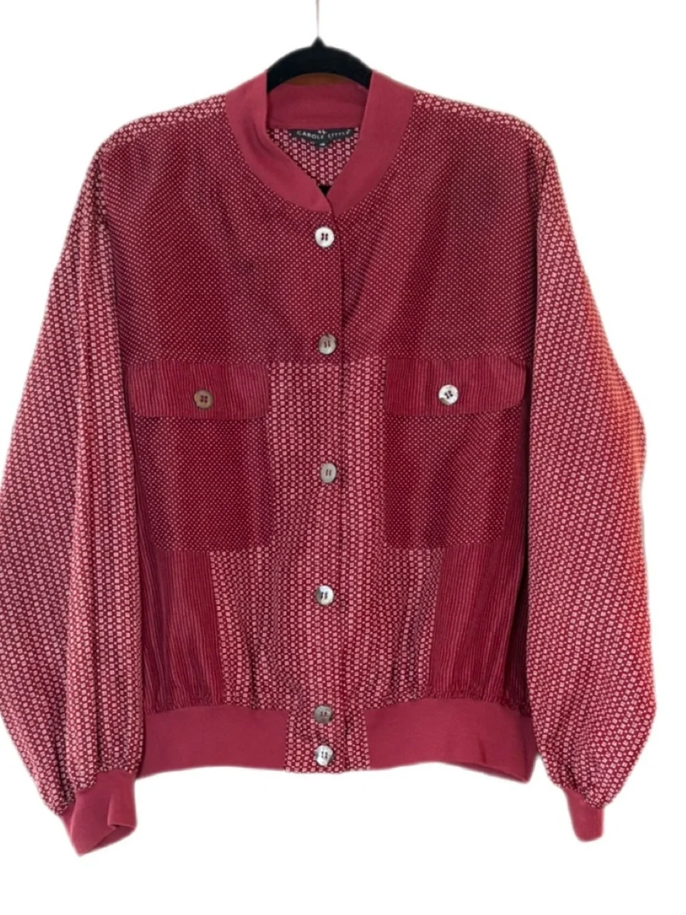 Vintage Carole Little 100% Silk Bomber Jacket Burgundy Print Size 10